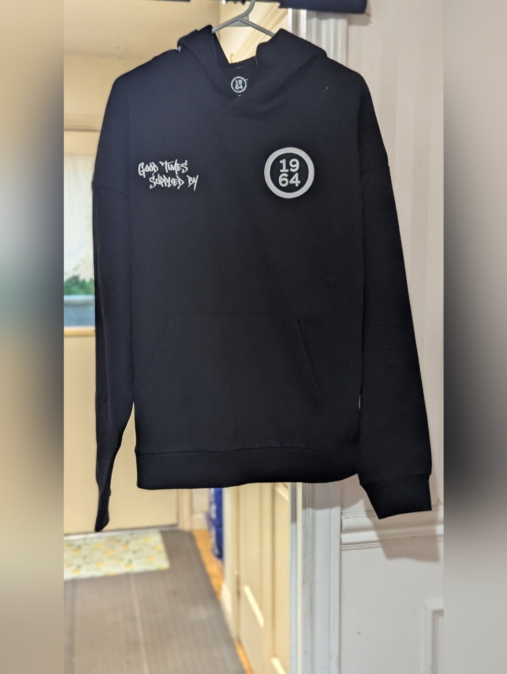 Black Graphic Hoodie with 1964 Patch Good Times Supplied By 1964